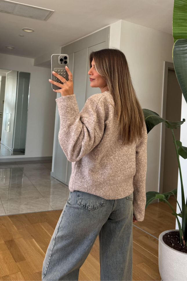Dilvin V-Neck Fluffy Sweater - Mink