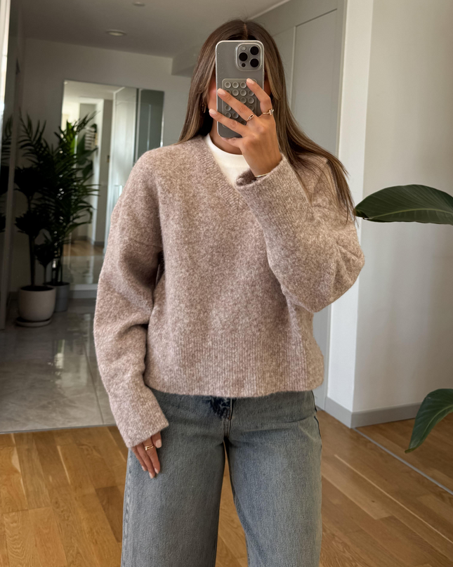 Dilvin V-Neck Fluffy Sweater - Mink