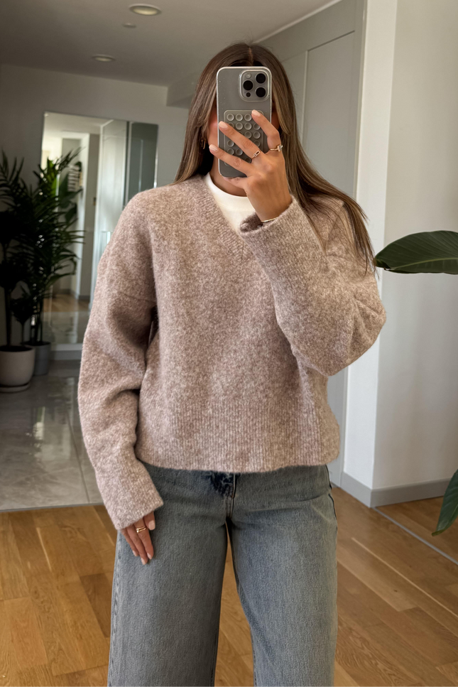 Dilvin V-Neck Fluffy Sweater - Mink