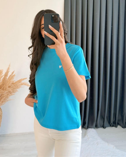 Dimit Dilvin Bisiklet Yaka Kalp İşlemeli Tshirt Mavi