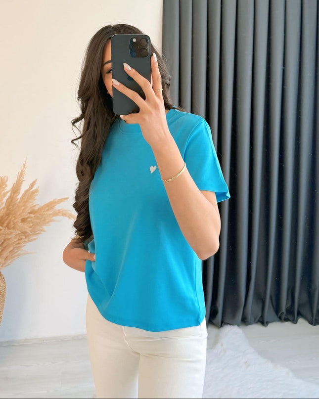 Dimit Dilvin Bisiklet Yaka Kalp İşlemeli Tshirt Mavi