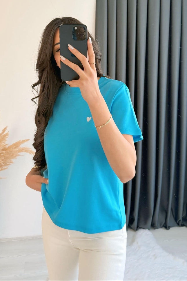 Dimit Dilvin Bisiklet Yaka Kalp İşlemeli Tshirt Mavi