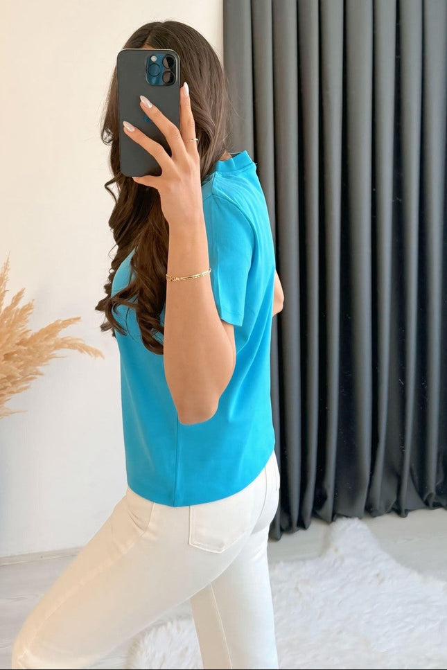 Dimit Dilvin Bisiklet Yaka Kalp İşlemeli Tshirt Mavi