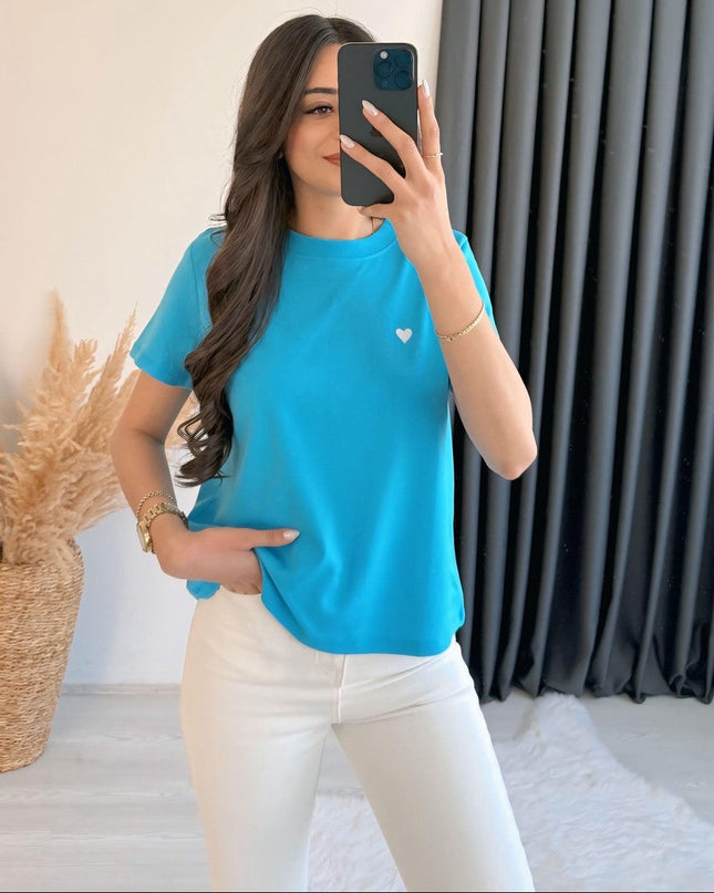 Dimit Dilvin Bisiklet Yaka Kalp İşlemeli Tshirt Mavi