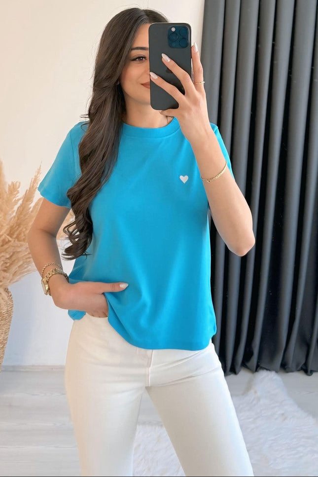 Dimit Dilvin Bisiklet Yaka Kalp İşlemeli Tshirt Mavi
