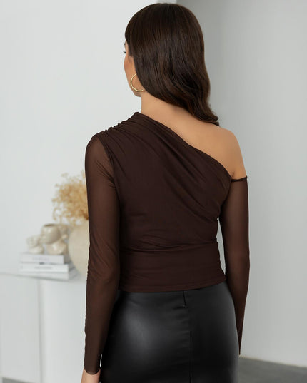Elegant Draped Tulle Blouse - Chic Brown Sheer Long Sleeve Top