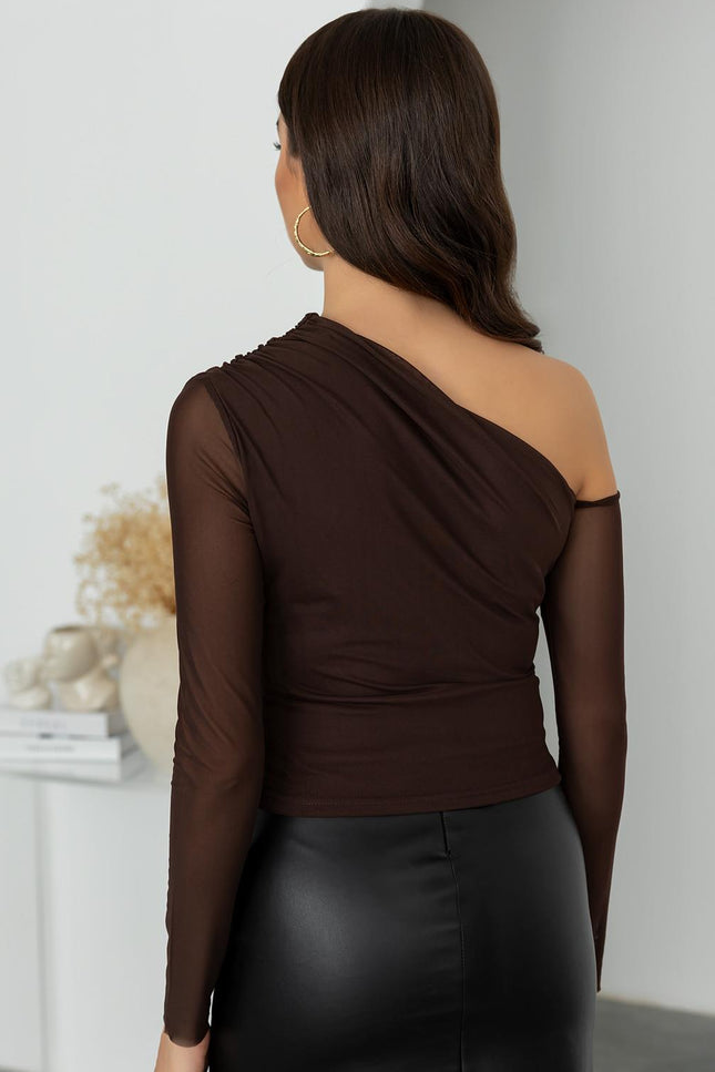 Elegant Draped Tulle Blouse - Chic Brown Sheer Long Sleeve Top