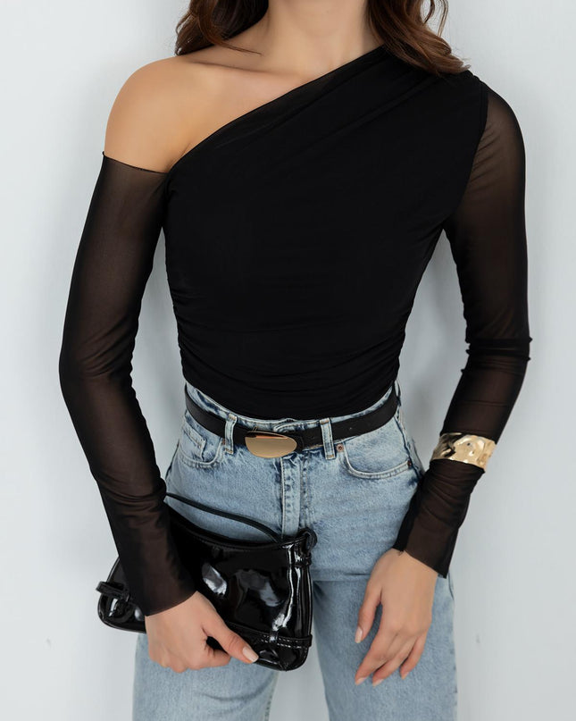 Elegant Black Draped Tulle Blouse - Chic Sheer Long Sleeve Top