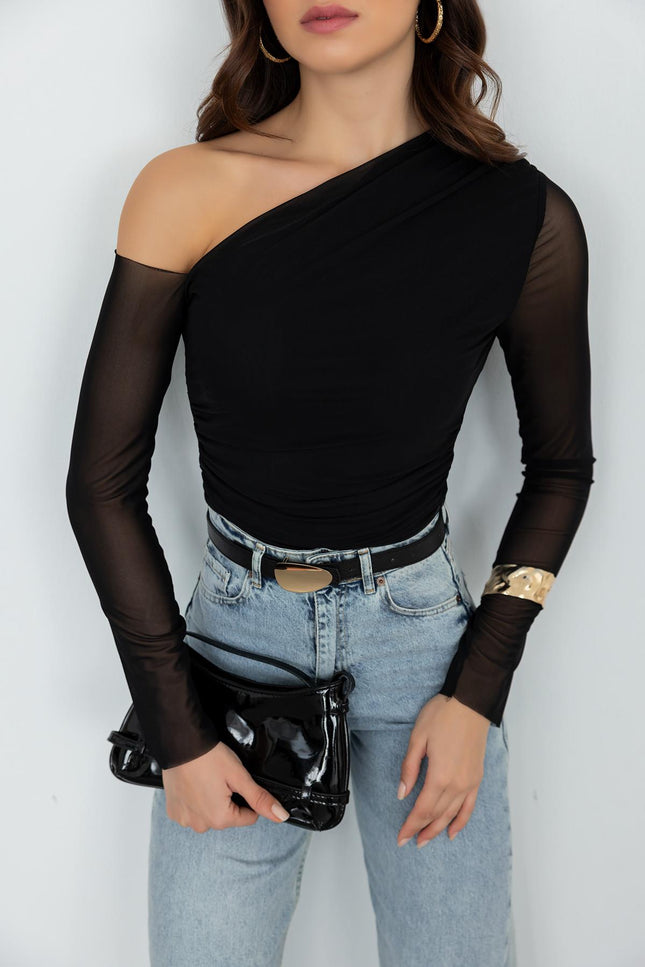 Elegant Black Draped Tulle Blouse - Chic Sheer Long Sleeve Top