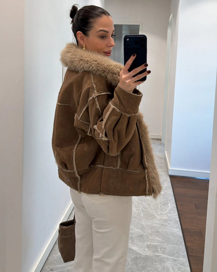 Luxurious Coffee Brown Faux Fur Collar Suede Oversized Winter Coat Jacket