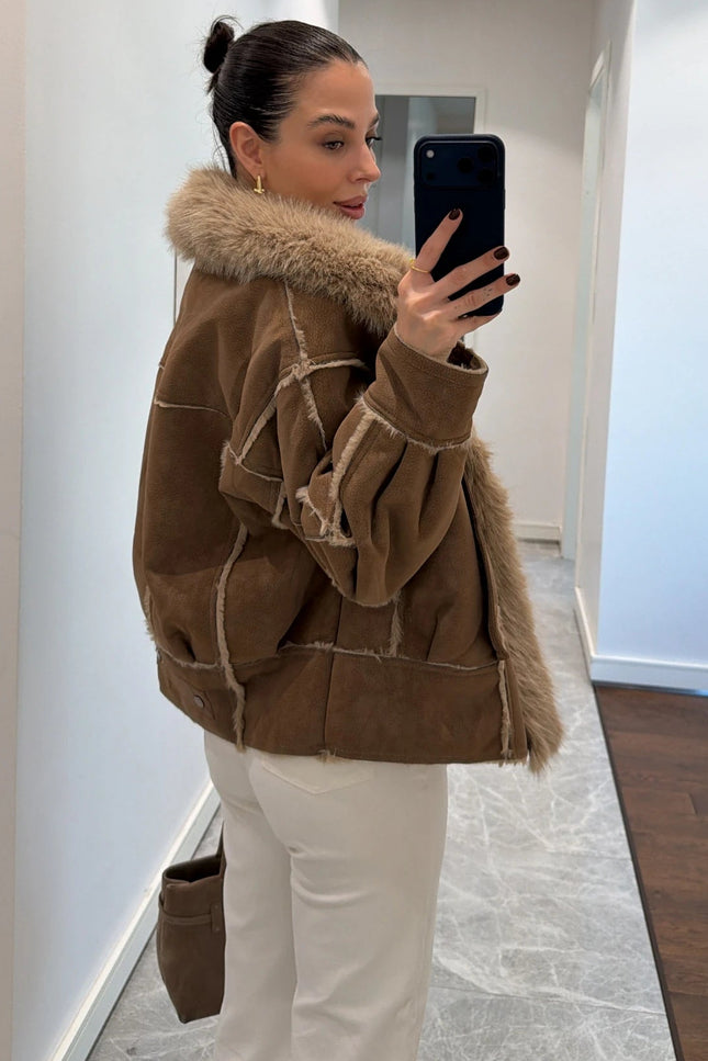 Luxurious Coffee Brown Faux Fur Collar Suede Oversized Winter Coat Jacket