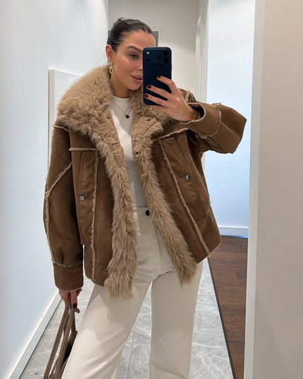 Luxurious Coffee Brown Faux Fur Collar Suede Oversized Winter Coat Jacket
