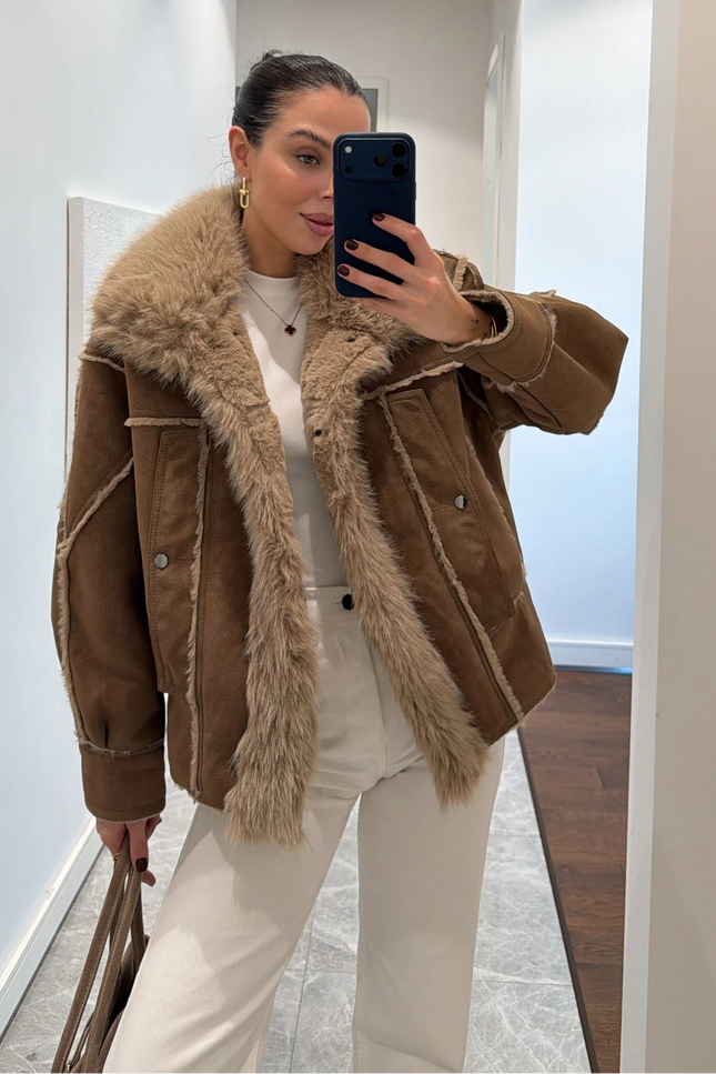 Luxurious Coffee Brown Faux Fur Collar Suede Oversized Winter Coat Jacket