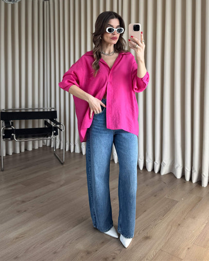 Fuşya Oversize Modal Kumaş Gömlek