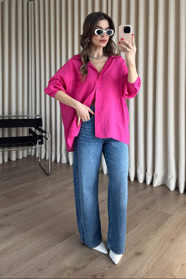 Fuşya Oversize Modal Kumaş Gömlek