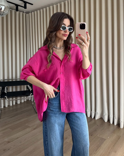 Fuşya Oversize Modal Kumaş Gömlek