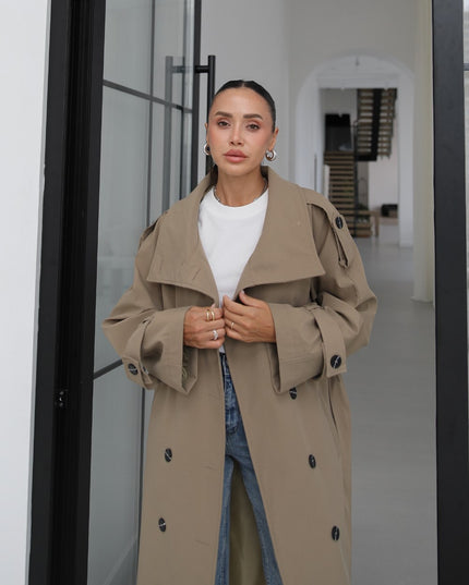 Khaki Attika Belted Long Trench Coat