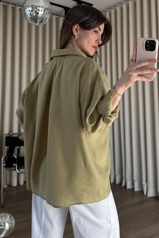 Haki Oversize Modal Kumaş Gömlek