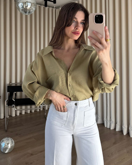 Haki Oversize Modal Kumaş Gömlek