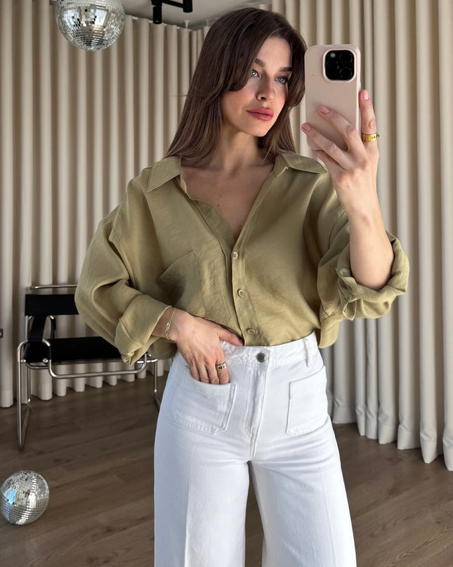 Haki Oversize Modal Kumaş Gömlek