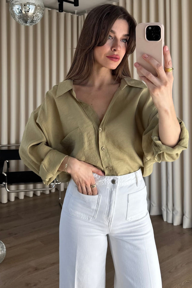 Haki Oversize Modal Kumaş Gömlek