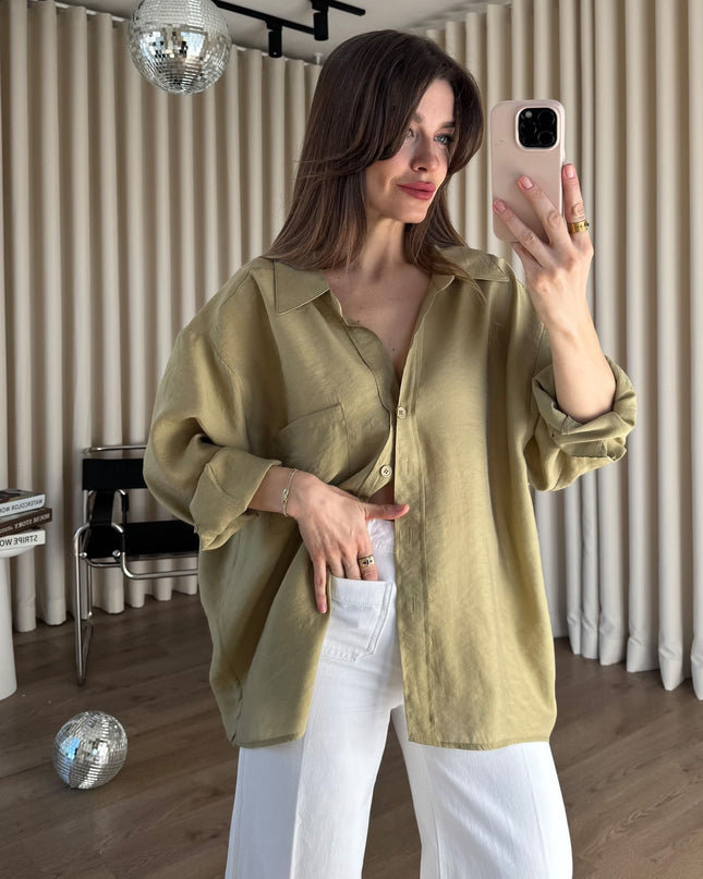 Haki Oversize Modal Kumaş Gömlek