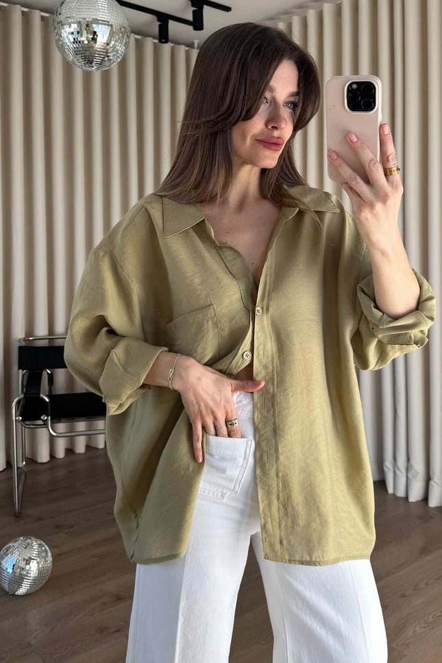 Haki Oversize Modal Kumaş Gömlek