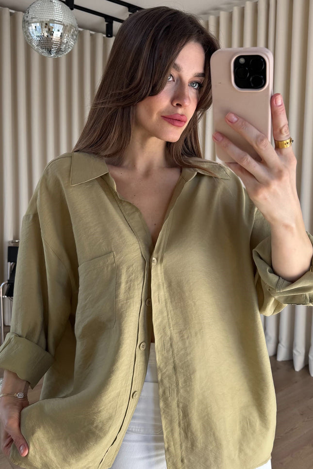 Haki Oversize Modal Kumaş Gömlek