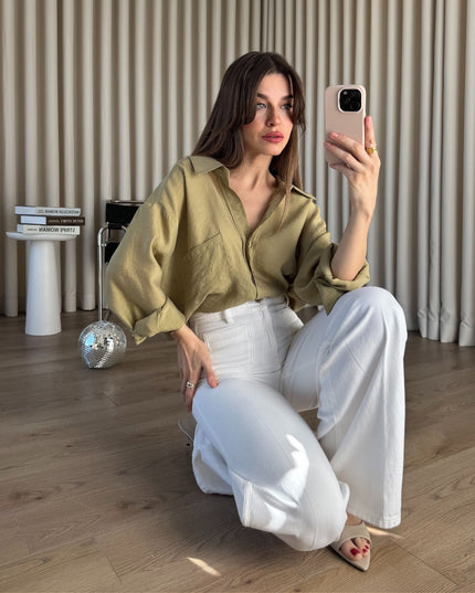 Haki Oversize Modal Kumaş Gömlek