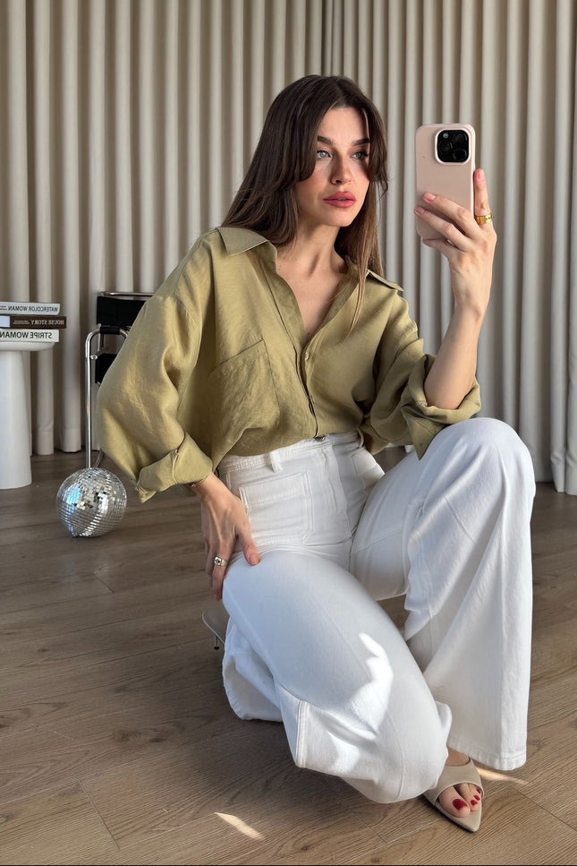 Haki Oversize Modal Kumaş Gömlek
