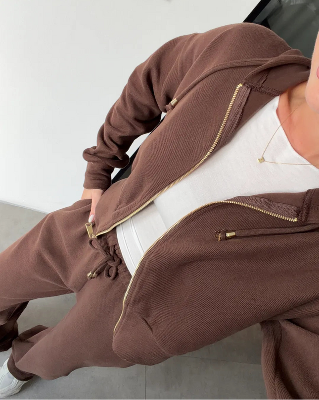 Premium Selanik Fabric Hooded Brown Tracksuit for Women with 100% Cotton