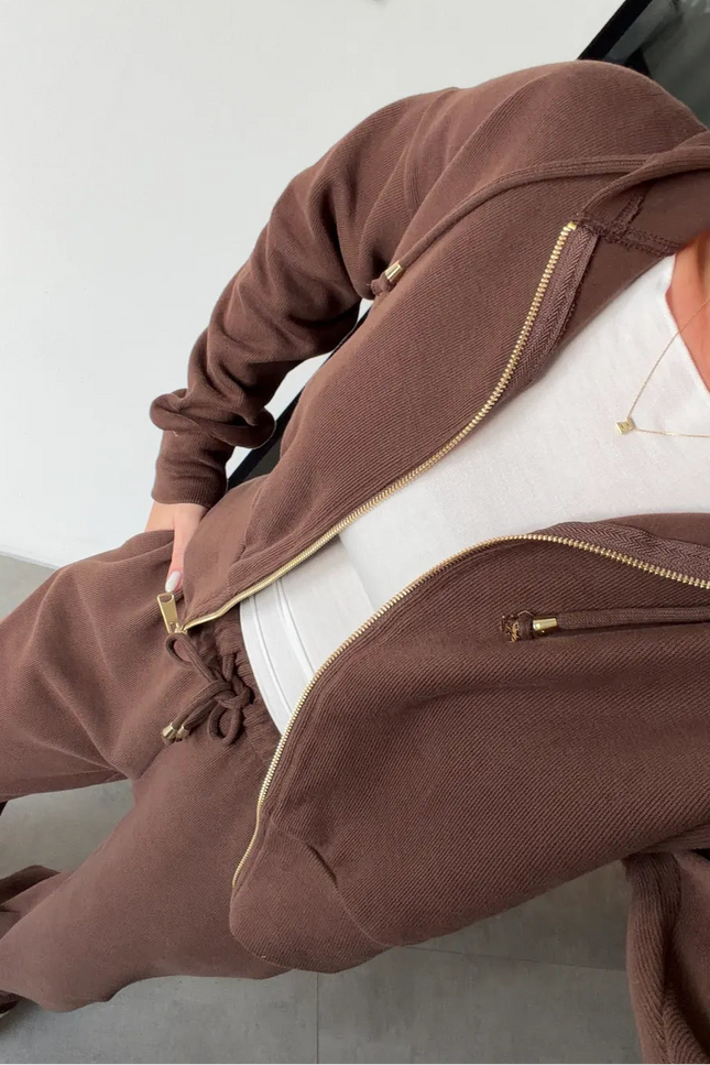 Premium Selanik Fabric Hooded Brown Tracksuit for Women with 100% Cotton