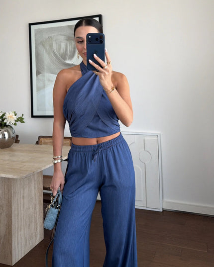 Denim Halter Neck Blouse Set - Blue