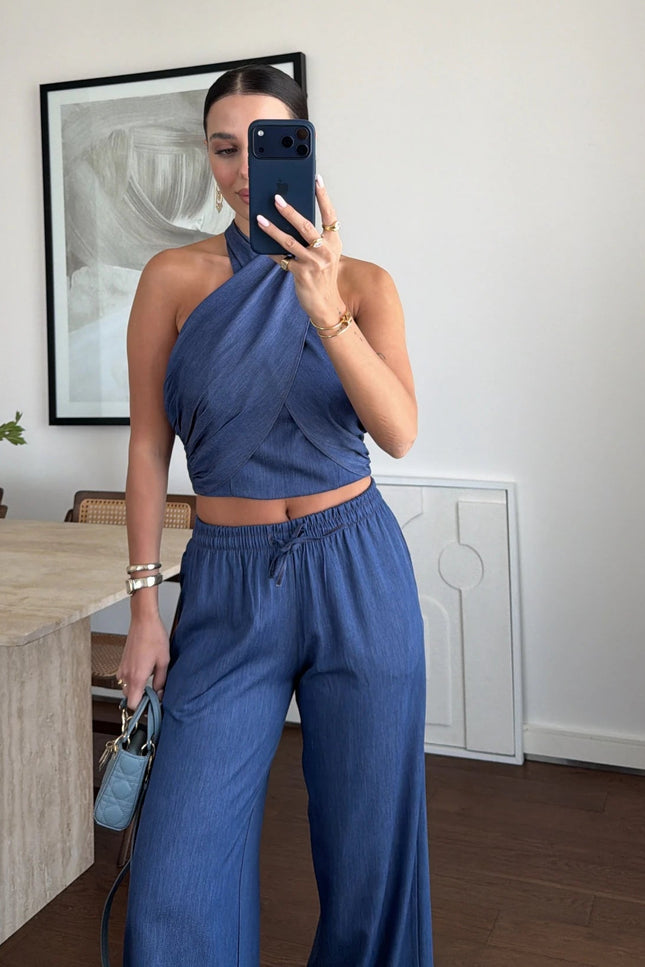 Denim Halter Neck Blouse Set - Blue