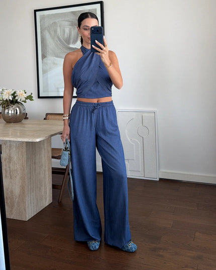 Denim Halter Neck Blouse Set - Blue