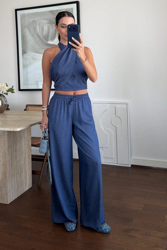 Denim Halter Neck Blouse Set - Blue