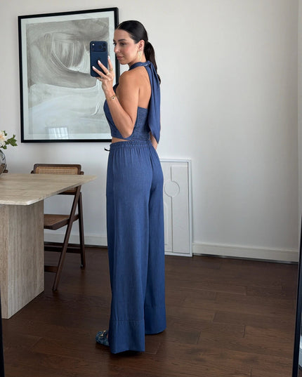 Denim Halter Neck Blouse Set - Blue