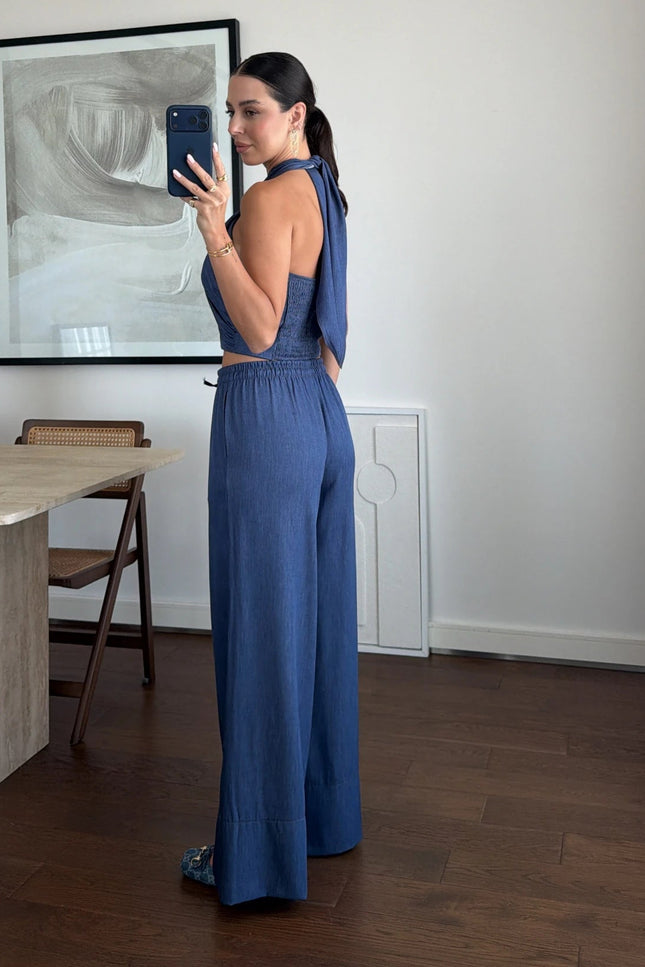 Denim Halter Neck Blouse Set - Blue