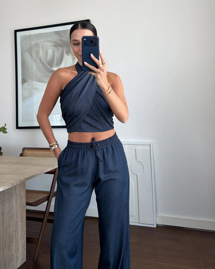 Denim Halter Neck Blouse Set - Navy