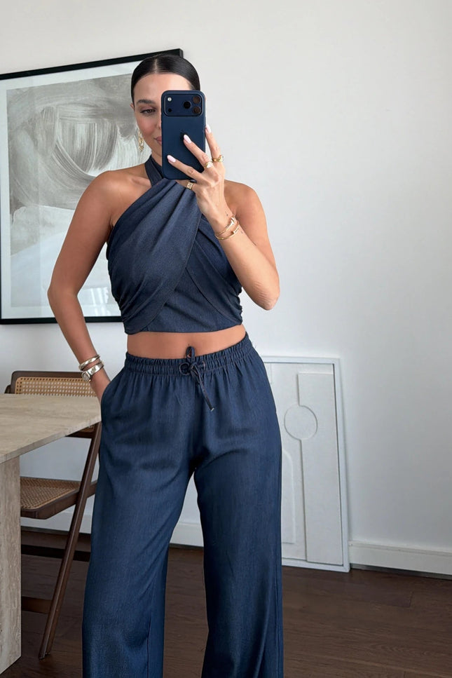 Denim Halter Neck Blouse Set - Navy