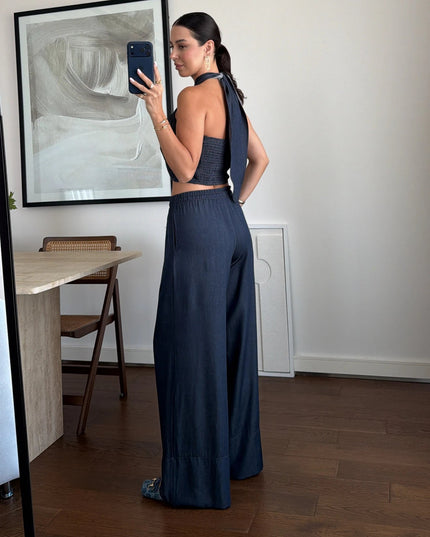 Denim Halter Neck Blouse Set - Navy