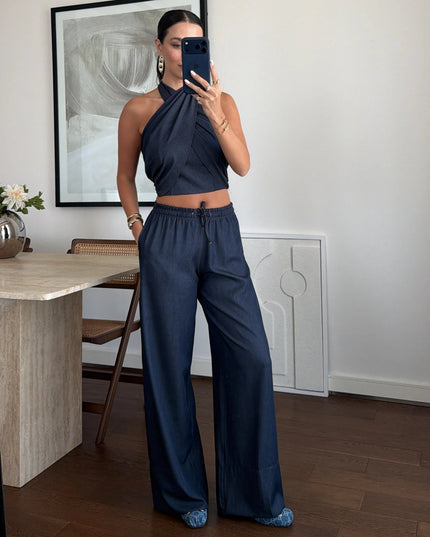 Denim Halter Neck Blouse Set - Navy