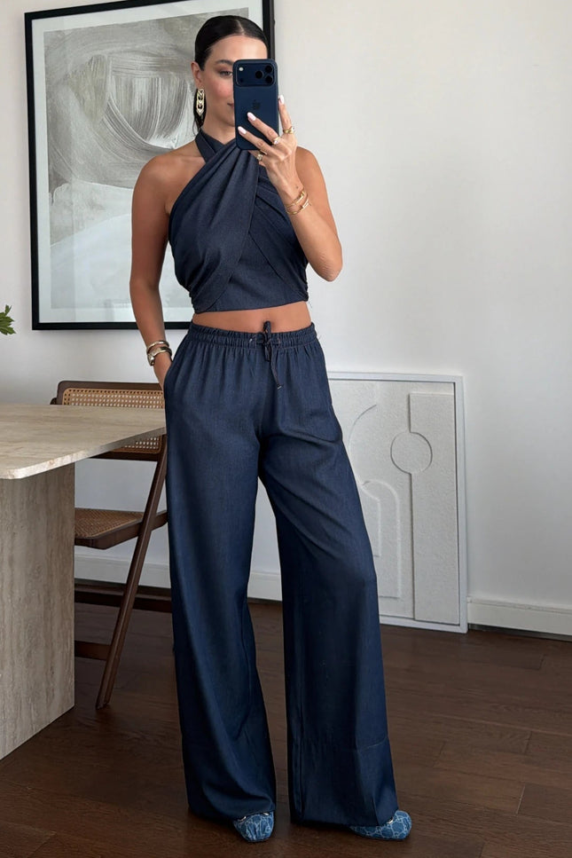 Denim Halter Neck Blouse Set - Navy