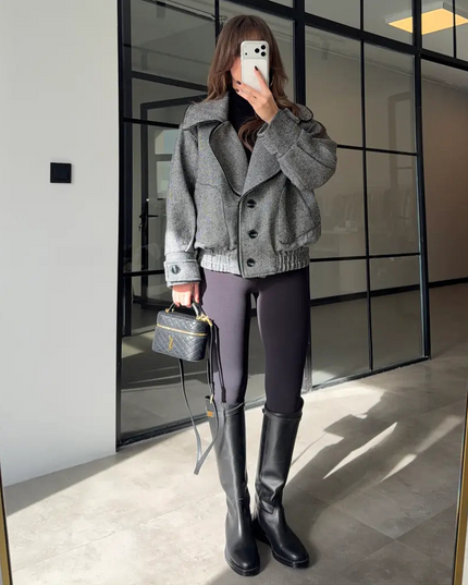 Elegant Herringbone Wool-Blend Bomber Jacket with Ribbed Trim