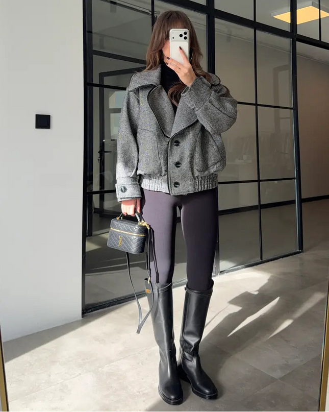 Elegant Herringbone Wool-Blend Bomber Jacket with Ribbed Trim