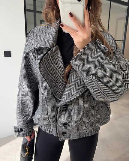 Elegant Herringbone Wool-Blend Bomber Jacket with Ribbed Trim