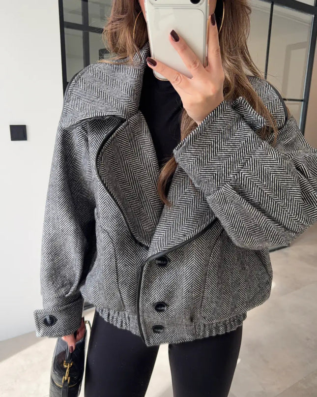 Elegant Herringbone Wool-Blend Bomber Jacket with Ribbed Trim