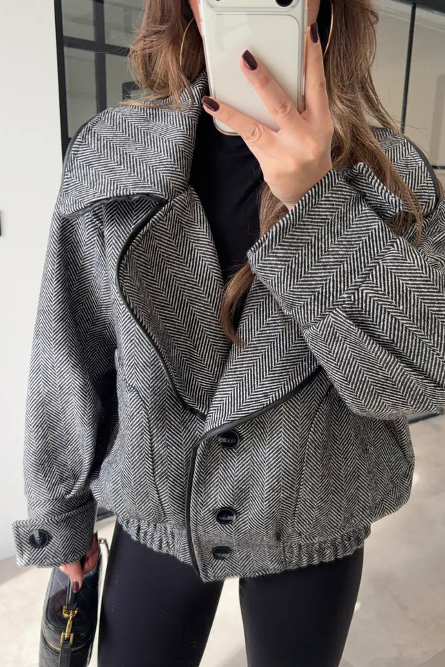 Elegant Herringbone Wool-Blend Bomber Jacket with Ribbed Trim