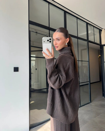 Chic Turtleneck Patterned 3-Piece Mink Knit Sweater Set for Women