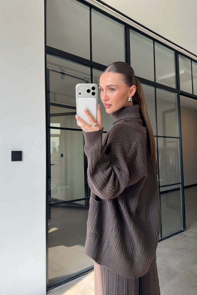 Chic Turtleneck Patterned 3-Piece Mink Knit Sweater Set for Women